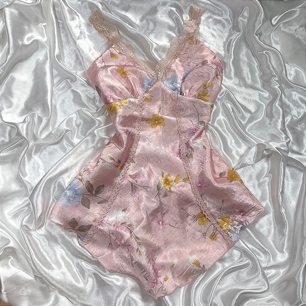 Vintage Topia Camisole Pink Floral Lace Trim Y2K Coquette Satin Top M